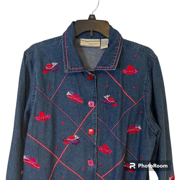 Carrie Allen Blue Jean Jacket Women Large Red Hat Society Beaded Red Hats Embroi - Picture 10 of 10